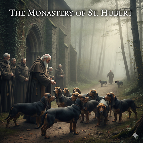 Hình ảnh tu viện St. Hubert và đàn chó săn mùi cổ xưa, gợi nguồn gốc tổ tiên của Basset Hound từ dòng St. Hubert’s Hound