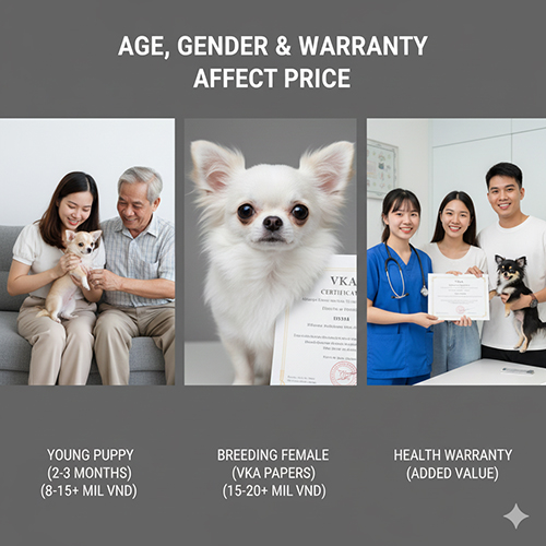 Tuổi, giới tính và bảo hành ảnh hưởng đến giá chó Chihuahua