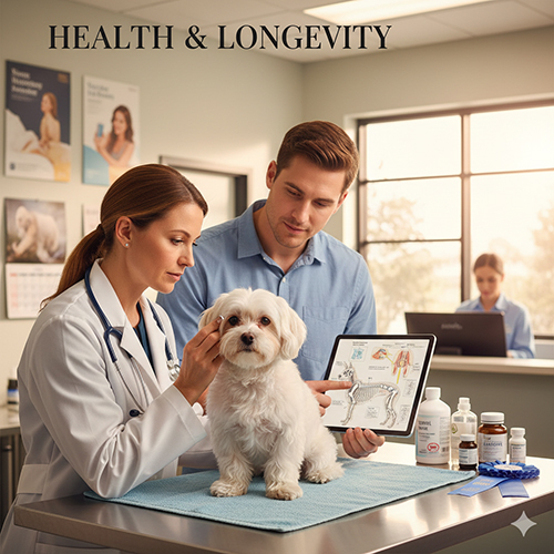 Chó Maltese được bác sĩ thú y kiểm tra sức khỏe định kỳ