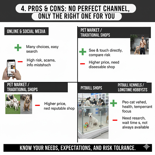 Bảng so sánh ưu nhược điểm các kênh mua Pitbull: online, chợ, shop và trại chuyên Pitbull.