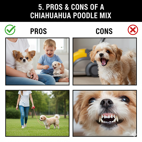 Bộ ảnh so sánh ưu và nhược điểm của Chihuahua lai Poodle: bé thân thiện chơi với trẻ em, đi dạo ngoài trời và hai hình thể hiện mặt trái như dễ sủa và vấn đề răng miệng.