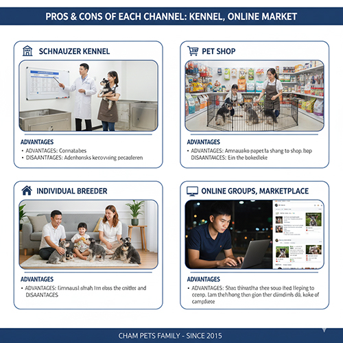 Bảng so sánh ưu và nhược điểm của bốn kênh mua chó Schnauzer: trại giống, shop thú cưng, cá nhân nuôi đẻ và chợ online.
