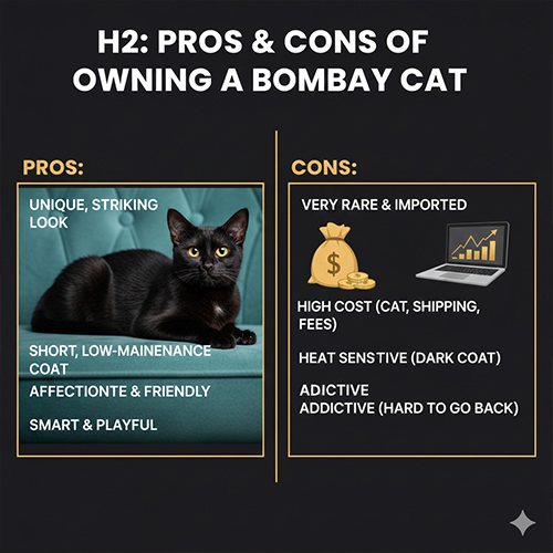 Bảng so sánh ưu và nhược điểm khi nuôi mèo Bombay với hình ảnh mèo đen tuyền mắt vàng