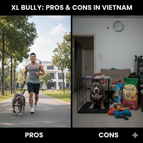 Ảnh so sánh ưu và nhược điểm nuôi XL Bully: một bên dắt đi chạy bộ ngoài trời, một bên ở trong chuồng trong nhà với đồ dùng và thức ăn
