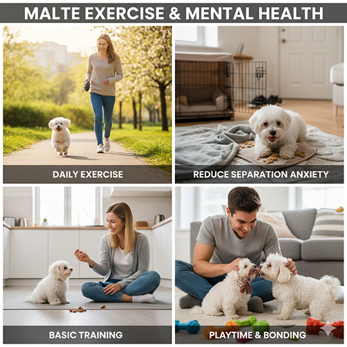 Vận động chơi đùa và huấn luyện giúp chó Maltese khỏe mạnh và giảm stress