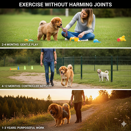 Hình minh hoạ vận động cho chó Ngao Tây Tạng theo từng giai đoạn tuổi, tránh hại khớp