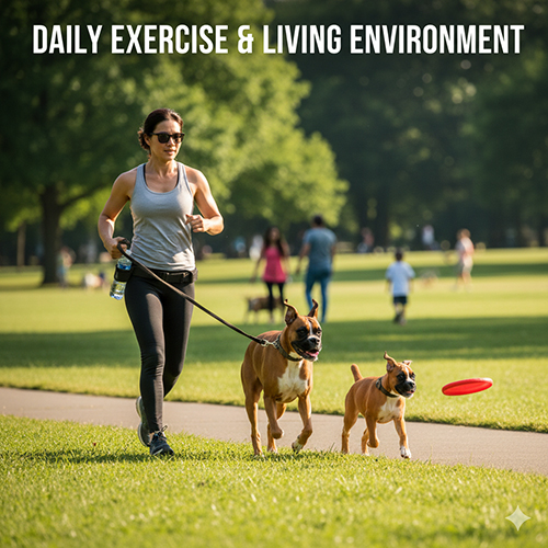 Chó Boxer vận động ngoài trời cùng chủ trong môi trường sống phù hợp