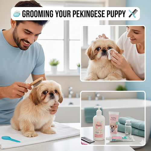 Vệ sinh và grooming cho chó Bắc Kinh con tại nhà với chải lông và lau mắt