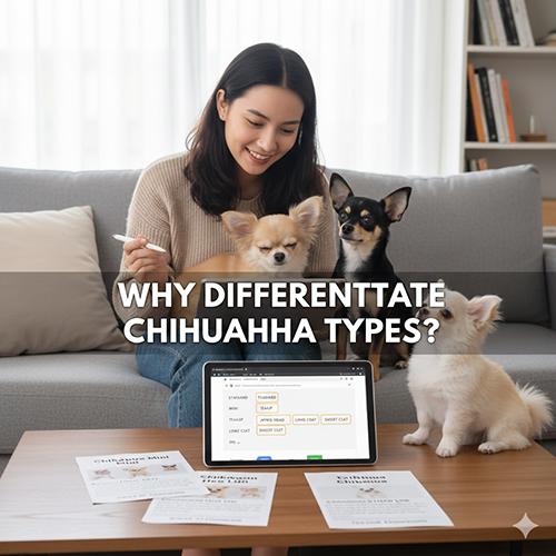 Hình ảnh người phụ nữ ngồi với ba chú chó Chihuahua và tài liệu phân loại Chihuahua trên bàn