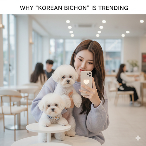 Cô gái trẻ chụp ảnh cùng hai bé chó Bichon Hàn Quốc trong quán café sáng đẹp, phong cách nhẹ nhàng đúng chất Hàn