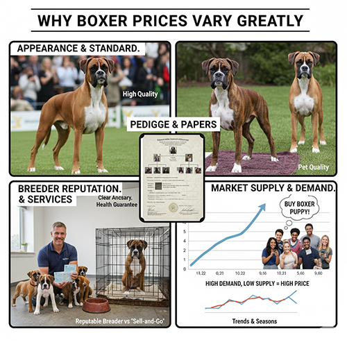 Những yếu tố khiến giá chó Boxer chênh lệch như ngoại hình, phả hệ, nơi bán và cung cầu thị trường