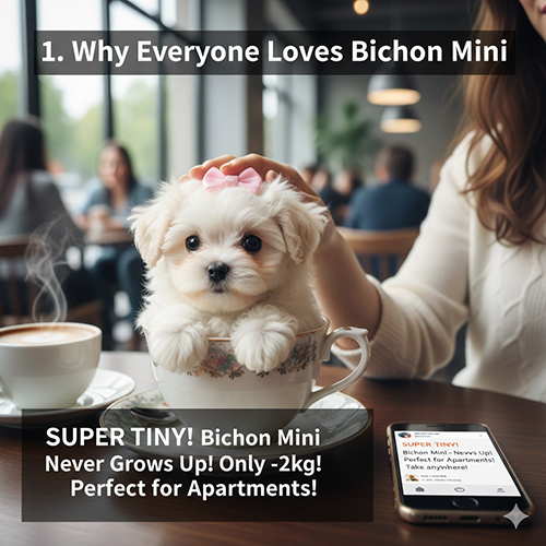 Chó Bichon mini siêu nhỏ trong quán cà phê, được quảng cáo kích thước tiny và phù hợp căn hộ