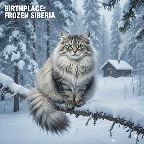 Mèo Siberian lông dài dày ngồi trên cành cây phủ tuyết trong rừng Siberia, thể hiện khả năng thích nghi với khí hậu băng giá