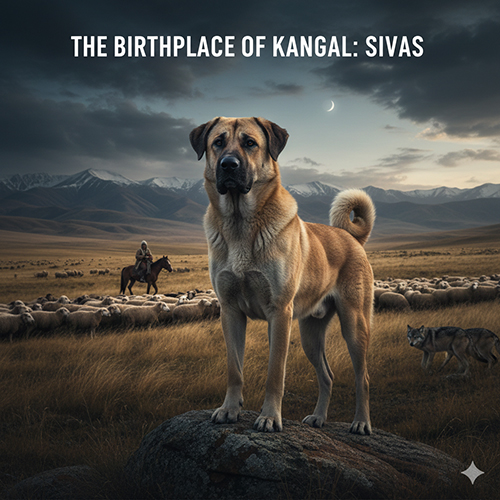 Hình ảnh chó Kangal đứng trước đàn cừu tại vùng núi Sivas, xung quanh có những con sói rình rập và người chăn cưỡi ngựa ở xa