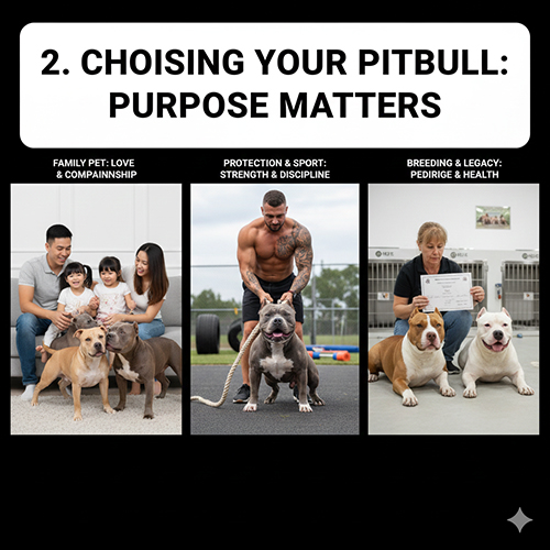 Ba khung hình thể hiện các mục đích nuôi Pitbull: thú cưng gia đình, bảo vệ – thể thao và làm giống thuần chủng.