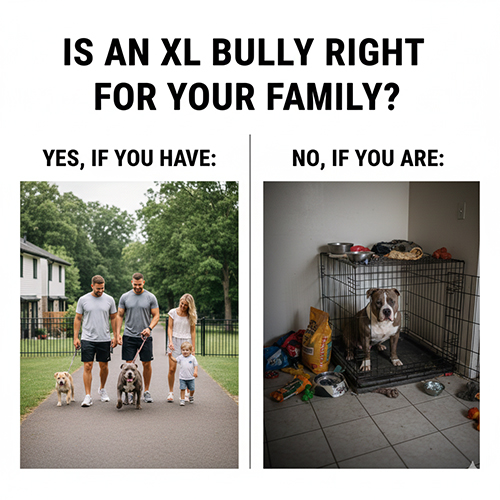 Infographic checklist nuôi XL Bully: gia đình dắt chó đi dạo ngoài trời và hình cảnh báo khi chó bị nhốt trong chuồng bừa bộn