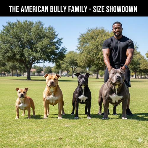 So sánh các size American Bully xếp hàng trên bãi cỏ, có người đứng phía sau dắt bé XL Bully lớn nhất