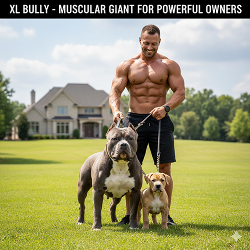Chó XL Bully cơ bắp đứng cạnh người dắt và một bé Bully nhỏ trên bãi cỏ