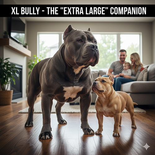 Chó XL Bully màu xám cơ bắp đứng cạnh một bé Bully nhỏ trong phòng khách, phía sau có gia đình ngồi trên sofa