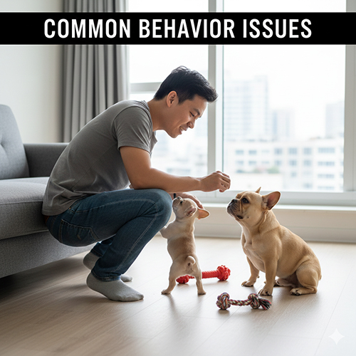 Chủ đang tương tác và chỉnh hành vi cho hai bé Bull Pháp con trong phòng khách với đồ chơi