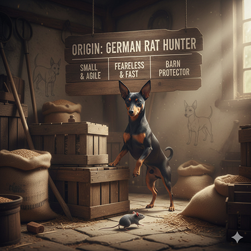 Chó Phốc hươu (Minpin) trong nhà kho cũ, đang cảnh giác trước một con chuột – minh họa nguồn gốc thợ săn chuột của giống chó này tại Đức.