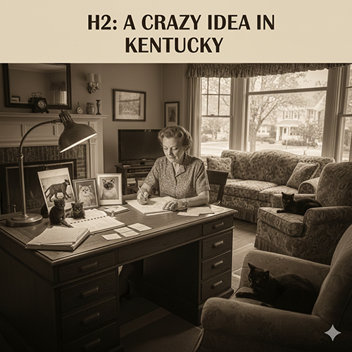 Hình ảnh minh họa ý tưởng lai tạo mèo Bombay tại Kentucky với không gian làm việc cổ điển và mèo đen