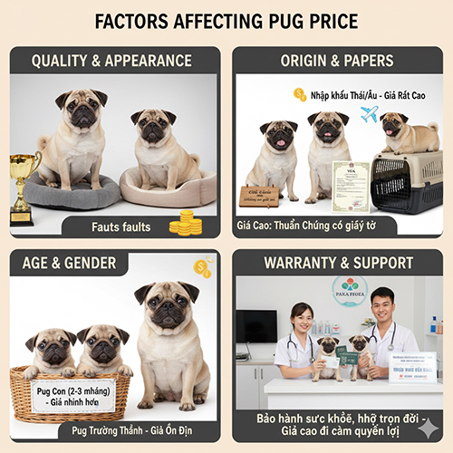 Infographic các yếu tố ảnh hưởng giá chó Pug mặt xệ: chất lượng, nguồn gốc, độ tuổi và chính sách bảo hành hỗ trợ