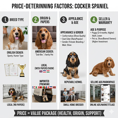 Các yếu tố quyết định giá chó Cocker Spaniel gồm dòng giống, nguồn gốc, giấy tờ, ngoại hình, độ tuổi và đơn vị bán