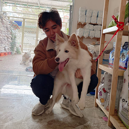 Khách nhận bé chó lông trắng tại Chạm Pets Family, ảnh bàn giao thực tế