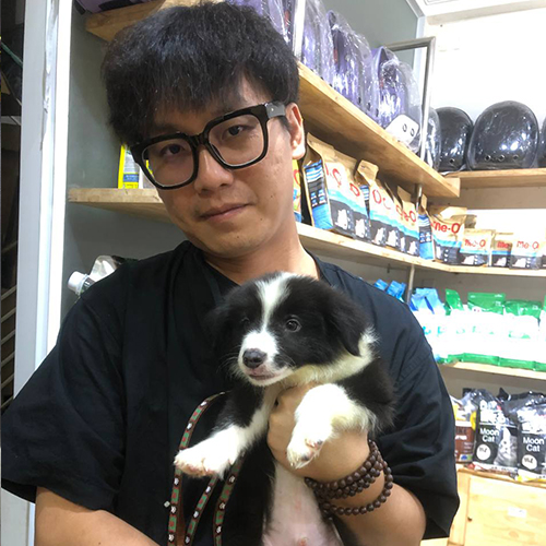 Khách bế chó Border Collie con đen trắng khi nhận bàn giao tại Chạm Pets Family