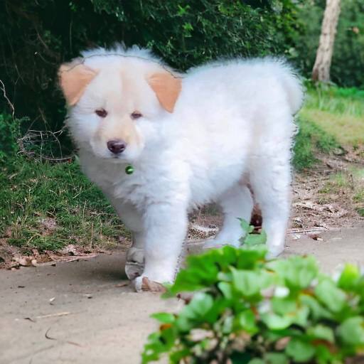 Chó Bắc Hà con lông trắng bông xù đi trên lối mòn, dáng chắc và mắt hiền