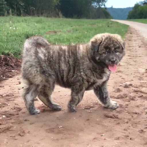 Chó Bắc Hà con lông xù vện đứng trên đường đất, thè lưỡi, dáng vững và lanh lợi