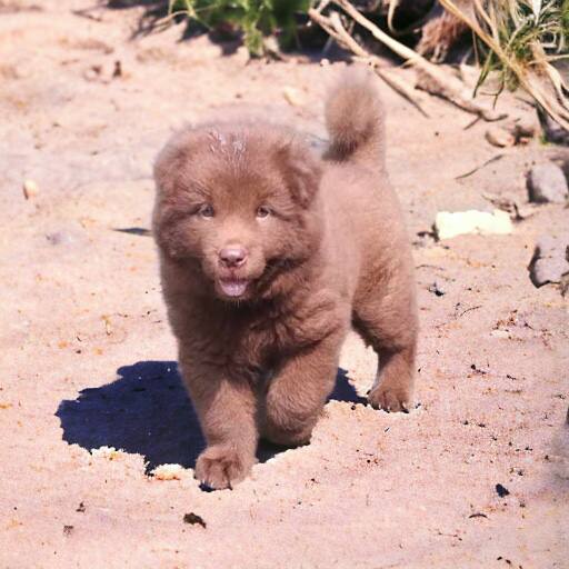 Chó Bắc Hà con lông xù màu nâu đỏ chạy trên nền cát, dáng chắc và lanh lợi