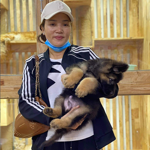 Khách hàng bế chó Becgie con tại Chạm Pets, bé mập khỏe và dạn người