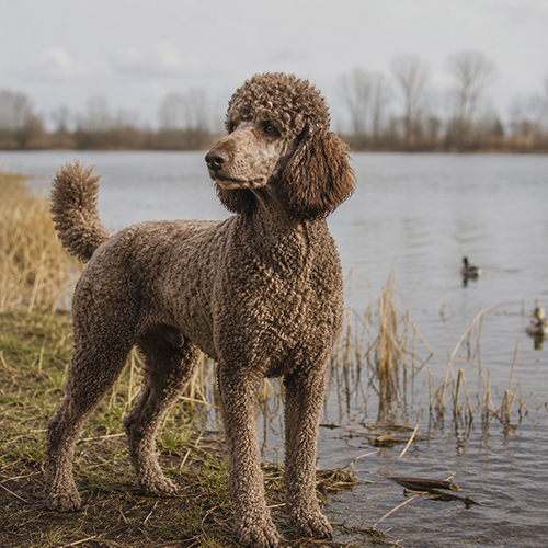 Chó Poodle đứng bên hồ, minh họa nguồn gốc chó săn thủy cầm