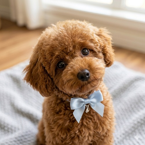 Chú chó Poodle ngơ ngác nhìn máy ảnh với biểu cảm tò mò, đầu nghiêng.