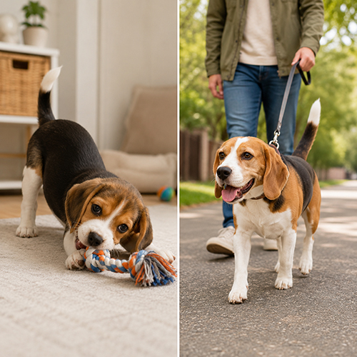 Beagle con nghịch đồ chơi và Beagle trưởng thành đi dạo bằng dây dắt