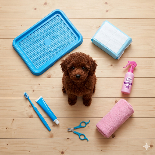 Hình ảnh chụp từ trên xuống bộ kit đồ dùng vệ sinh cơ bản cho chó Poodle tại nhà, bao gồm khay vệ sinh, tấm lót, xịt khử mùi, bàn chải răng, kem đánh răng và kềm bấm móng, được sắp xếp trên nền gỗ với một chú Poodle Toy ở trung tâm.