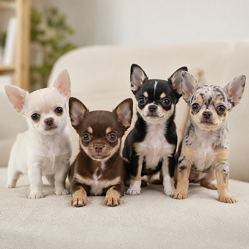 Các màu lông chó Chihuahua phổ biến gồm trắng, socola, đen trắng và merle