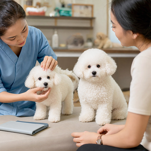 Nhân viên kiểm tra hai bé Bichon Frise có kích thước và chất lượng lông khác nhau