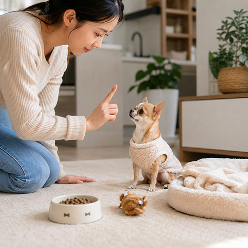 Chó Chihuahua được chăm trong nhà với áo giữ ấm, bát ăn, ổ nằm và huấn luyện nhẹ
