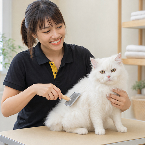 Nhân viên Chạm Pets chải lông cho mèo trắng lông dài