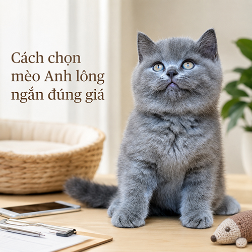 Mèo Anh lông ngắn xám xanh minh họa cách chọn mèo đúng giá