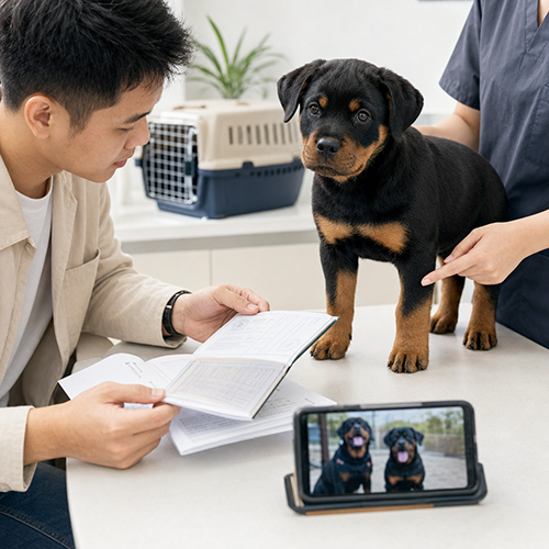 Người mua đối chiếu chó Rottweiler con với hồ sơ, sổ tiêm và video chó bố mẹ