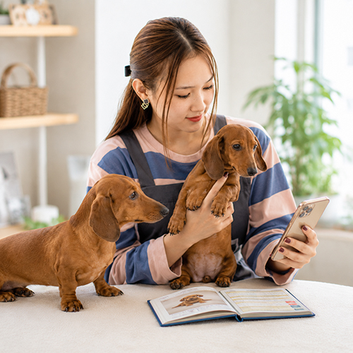 Nhân viên Chạm Pets xem thông tin chó Lạp Xưởng trước khi tư vấn giá