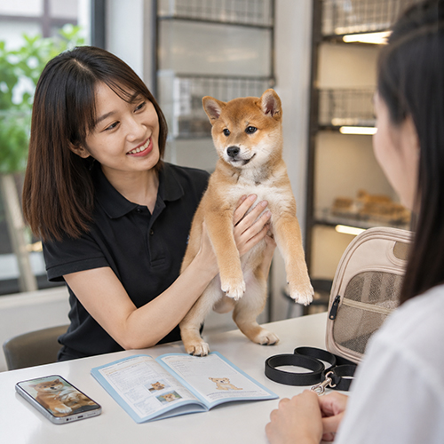 Tư vấn chó Shiba tại cửa hàng trước khi đặt cọc với sổ thông tin và đồ dùng đi kèm