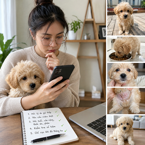 Người mua kiểm tra hình ảnh, video và thông tin sức khỏe của chó con trước khi cọc