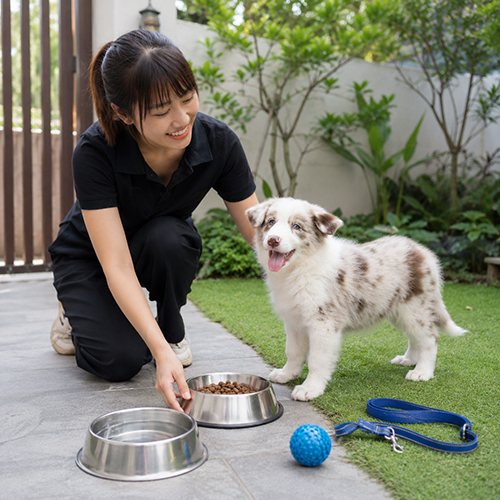 Chó Border Collie bên bát ăn, bát nước và dây dắt