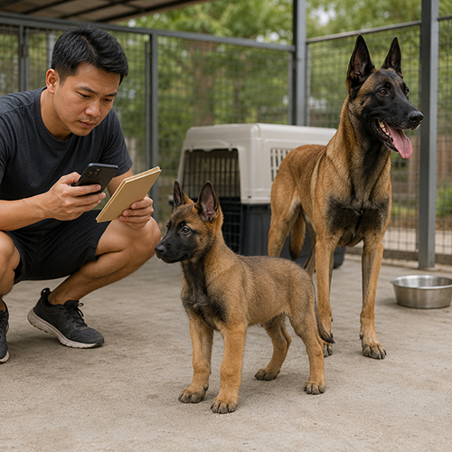 Người nuôi kiểm tra thông tin chó Malinois con và chó trưởng thành trong khu chuồng