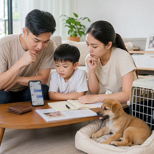 Gia đình cùng xem thông tin chó con giá rẻ và ghi chú các câu hỏi cần kiểm tra